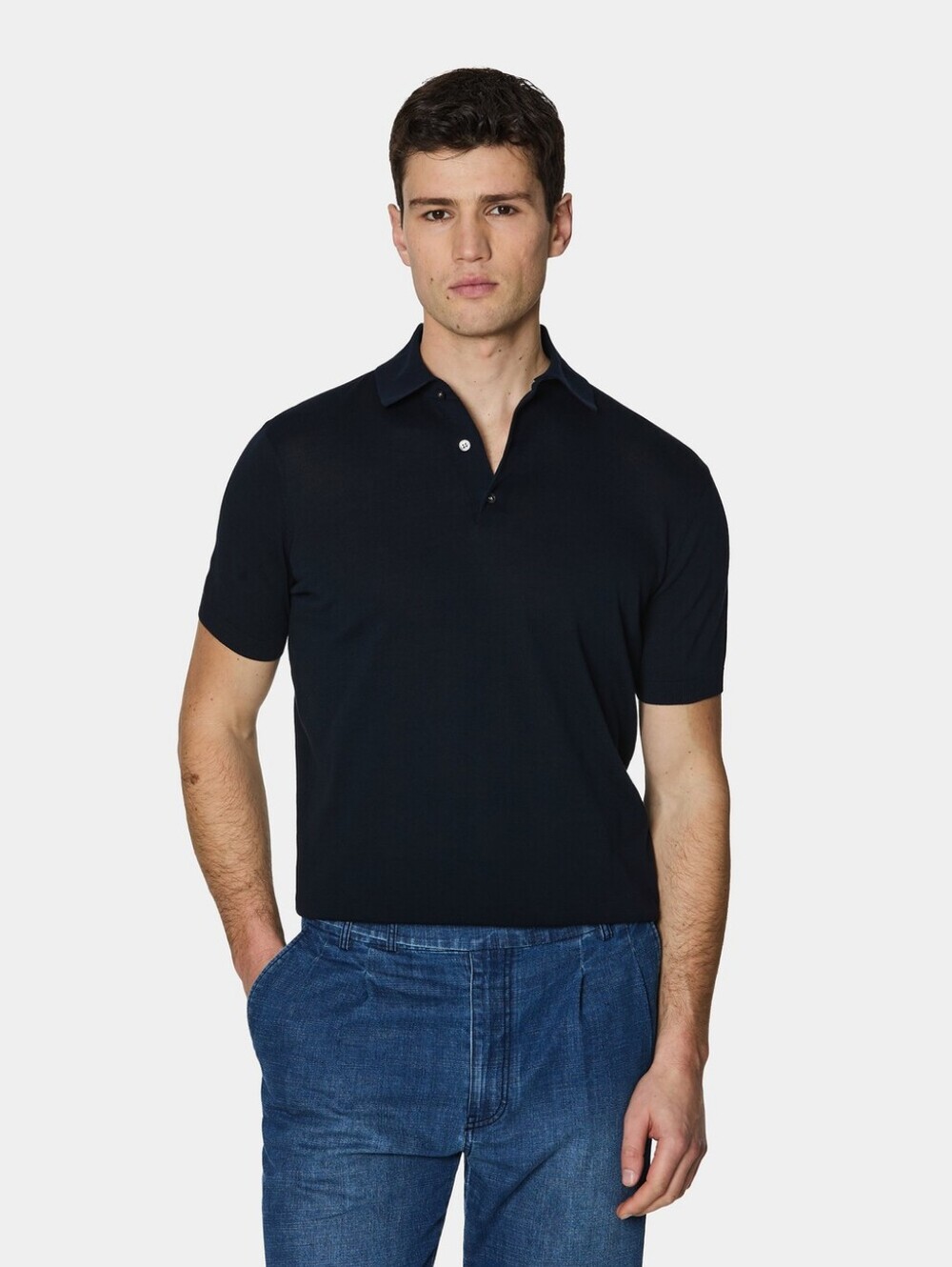 GUTTERIDGE Dal 1878 Extra-fine cotton knit polo shirt sweater in Navy,L